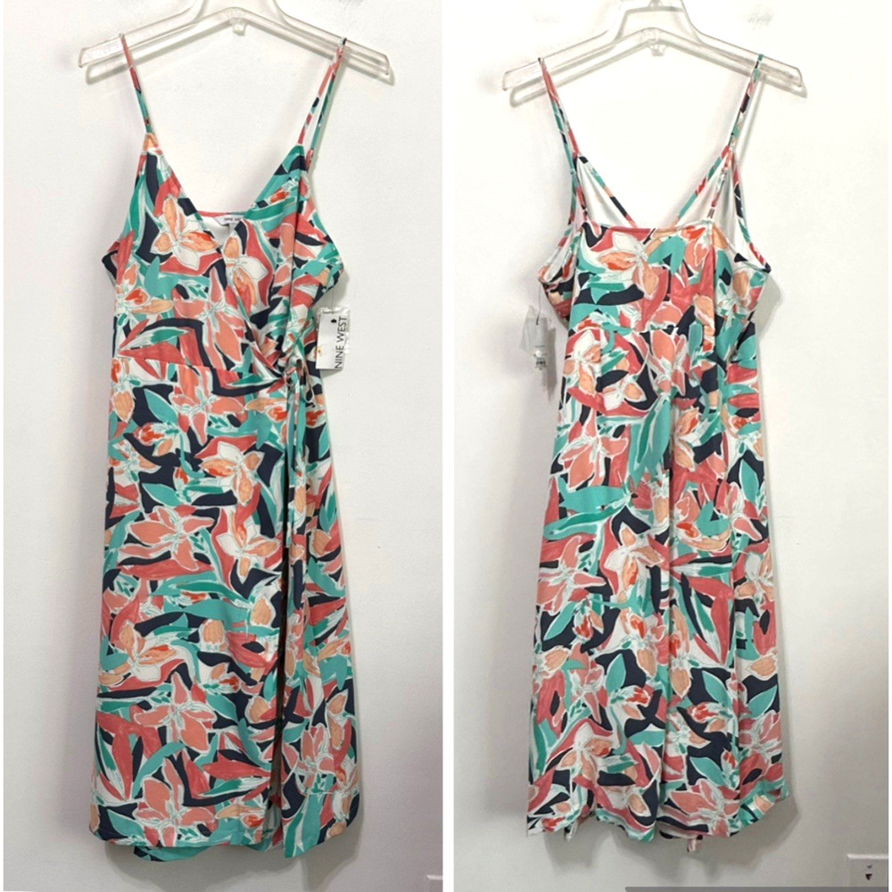Nine West Wrap Dress L Spaghetti Straps Floral‎ Summer Spring Party Tank NEW